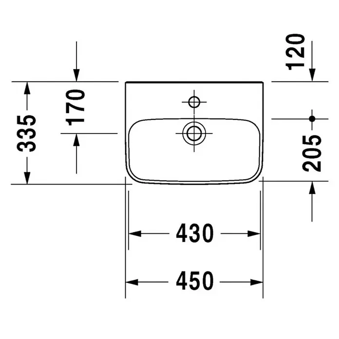 Duravit DuraStyle Waschbecken - 45 x 33,5 cm, Ohne Spezialglasur, Hahnloch: Mitte, Ohne Überlauf, Weiß - Technische Zeichnung eines Waschbeckens mit Maßangaben. Die Zeichnung zeigt die genauen Abmessungen des Waschbeckens für die Installation.