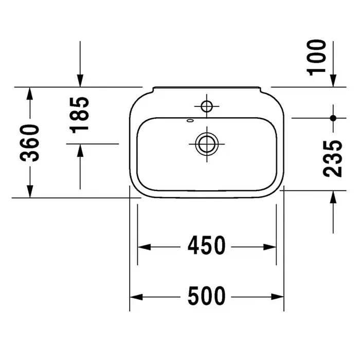 Duravit Happy D.2 Waschbecken - 50 x 36 cm, Ohne Spezialglasur, Hahnloch: Mitte, Mit Überlauf, Weiß - Technische Zeichnung eines Aufsatzwaschbeckens mit Maßangaben. Ideal für Badplanung und Installation mit allen relevanten Abmessungen.