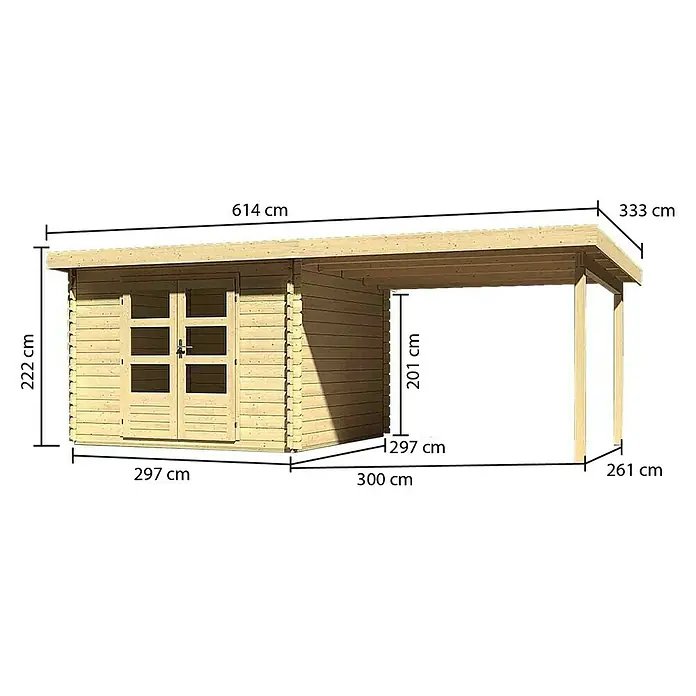 Karibu Gartenhaus Bastrup 5 - Außenmaß inkl. Dachüberstand (B x T): 614 x 333 cm, Holz, Natur, Mit Seitendach - Abmessungen des Holzschuppens mit Überdachung, detailliert mit Zentimeterangaben für Breite, Höhe und Tiefe.