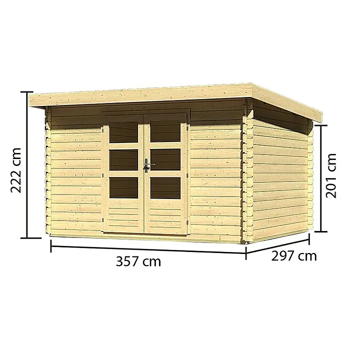 Karibu Gartenhaus Bastrup 7 - Außenmaß inkl. Dachüberstand (B x T): 375 x 333 cm, Holz, Natur - Abbildung eines Holzgartenschuppens mit den Maßen 357 cm x 297 cm x 222 cm mit Doppeltüren.