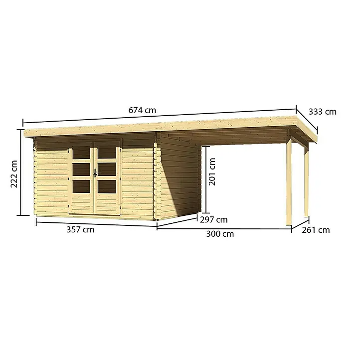 Karibu Gartenhaus Bastrup 7 - Außenmaß inkl. Dachüberstand (B x T): 674 x 333 cm, Holz, Natur, Mit Seitendach - Abbildung eines Holzgartenhauses mit den Maßen 674 cm Länge, 222 cm Höhe und 357 cm Breite.