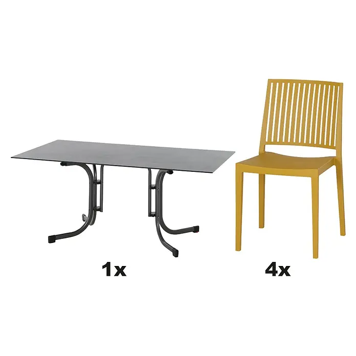 Siena Garden Urban Lights Gartenmöbel-Set Lane Stuhl /Sola Tisch - 5 -tlg., Polypropylen, Mustard/Anthrazit - Das Bild zeigt ein Gartentisch-Set mit einem Tisch und vier gelben Stühlen, ideal für den Außenbereich.