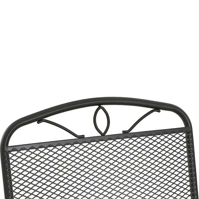 Siena Garden Gartenstuhl-Set Elda - 4 Stk., Stapelbar, Anthrazit, B x T x H: 46,5 x 75 x 94 cm - Nahaufnahme eines schwarzen Metallstuhls mit dekorativem Gittermuster und geschwungenem Design. Perfekt für Garten oder Terrasse.