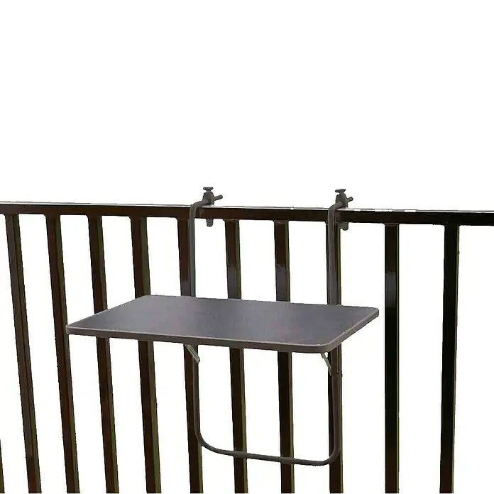 Alco Balkon-Hängetisch - L x B: 60 x 40 cm, Stahl, Kunststoff, Anthrazit, Klappbar - Bild eines klappbaren Balkontisches in dunkler Farbe, der an einem Geländer befestigt ist. Praktisch und platzsparend.