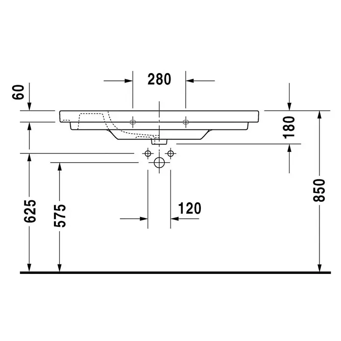 Duravit D-Code Waschtisch - 105 x 48 cm, Ohne Spezialglasur, Hahnloch: Mitte, Mit Überlauf, Weiß - Technische Zeichnung eines Waschtisches mit Maßangaben, die die Abmessungen des Produkts detailliert darstellen.