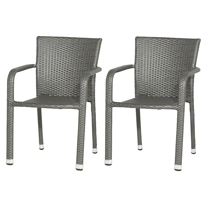 Gardamo Stapelstuhl Minas im Set - 2 Stk., 100% Polyethylen, Grau, B x T x H: 56 x 60 x 83 cm - Zwei graue Rattansessel mit Armlehnen, ideal für den Garten oder die Terrasse, auf schwarzem Hintergrund.