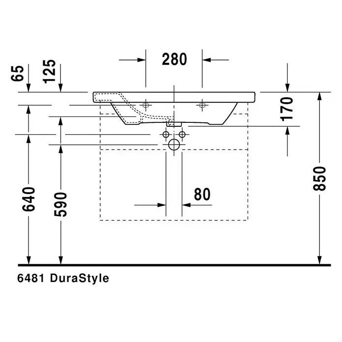 Duravit DuraStyle Waschtisch Typ 1 - 80 x 48 cm, Ohne Spezialglasur, Hahnloch: Mitte, Mit Überlauf, Weiß - Technische Zeichnung des 6481 DuraStyle Waschbeckens mit Maßangaben für Installation und Design.