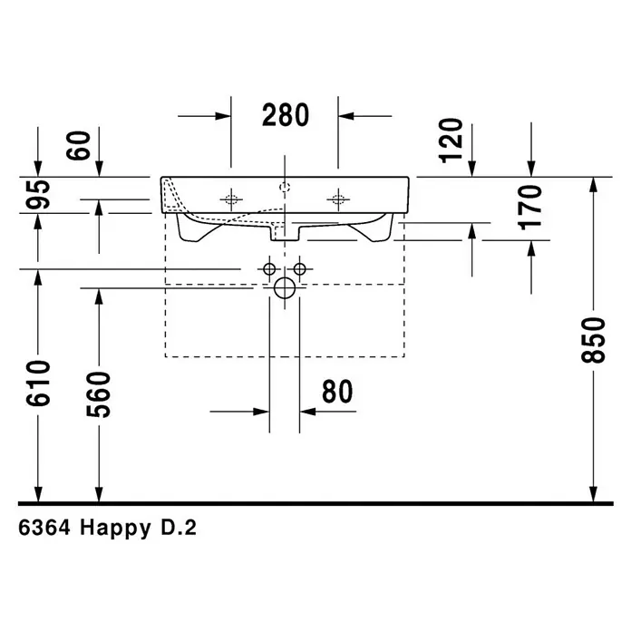 Duravit Happy D.2 Waschtisch Typ 1 - 65 x 50,5 cm, Ohne Spezialglasur, Hahnloch: Mitte, Mit Überlauf, Weiß - Produktbild des Happy D.2 Waschbeckens mit Maßangaben zur Installation, ideal für Badplanung und -gestaltung.