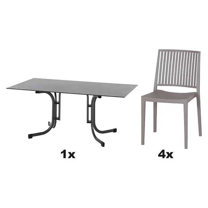 Siena Garden Urban Lights Gartenmöbel-Set Lane Stuhl /Sola Tisch - 5 -tlg., Polypropylen, Taupe/Anthrazit - Bild eines Esstischsets mit einem Tisch und vier Stühlen, ideal für den Garten.