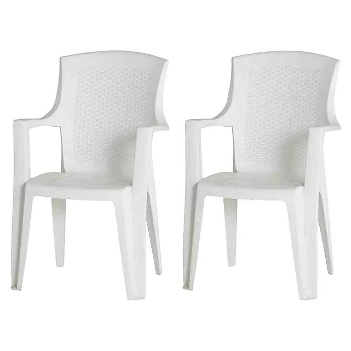 Stapelstuhl Eden Set - 2 Stk., Stapelbar, Weiß, B x T x H: 55 x 46 x 91 cm - Zwei weiße Plastikstühle mit Armlehnen und strukturierter Rückenlehne.