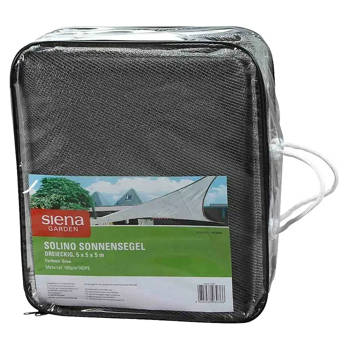 Siena Garden Sonnensegel Solino inkl. Zubehör-Set - L x B: 500 x 500 cm, Grau, Dreieckig - Verpacktes, dreieckiges Sonnensegel von Siena Garden in Grau. Das Segel ist 5x5x5m groß und aus 180g/m² HDPE Material gefertigt.