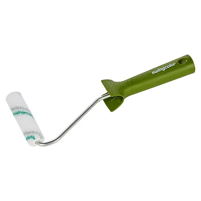 swingcolor Lasurroller K17 - Breite Walze: 10 cm, Bügelstärke: 6 mm, Bügellänge: 27 cm - Bild eines Farbrollers mit grünem Griff und weißer Rolle mit grün-grauen Streifen.