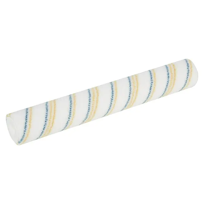 swingcolor Lackwalze - Bodenwalze, Breite Walze: 38 cm, Bügelstärke: 8 mm - Nahaufnahme einer Malerwalze mit weißen, gelben und blauen Streifen, die ein vielseitiges Werkzeug für verschiedene Malprojekte darstellt.