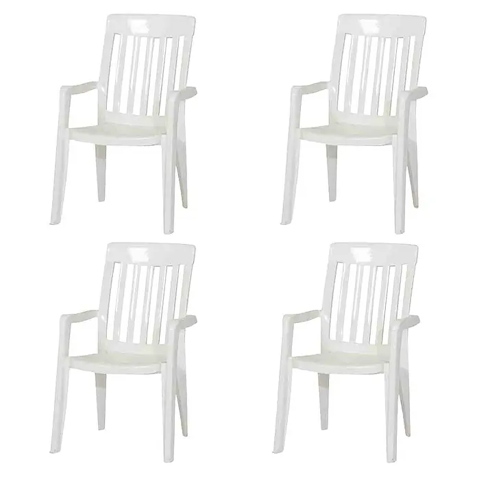 Sieger Stapelstuhl Palma - 4 Stk., Stapelbar, Weiß, B x T x H: 59 x 65 x 92 cm - Vier weiße Gartenstühle aus Kunststoff sind in diesem Bild dargestellt, die ideal für den Einsatz im Freien geeignet sind.