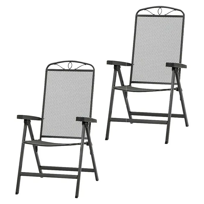 Siena Garden Klappstuhl Elda - B x T x H: 65 x 60 x 103 cm, Anthrazit, Verstellbare Rückenlehne - Zwei graue Klappstühle aus Metall mit Gittermuster auf einem schwarzen Hintergrund. Praktische, platzsparende Gartenmöbel für den Außenbereich.