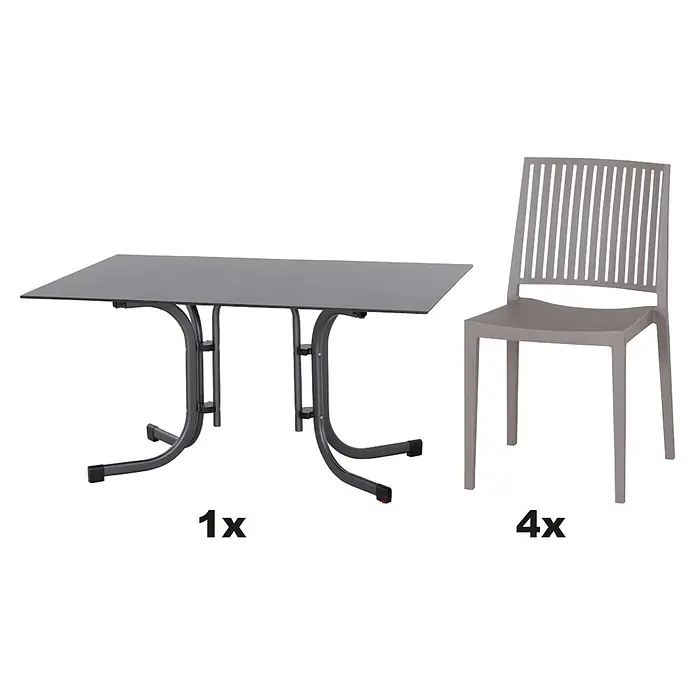 Siena Garden Urban Lights Gartenmöbel-Set Lane Stuhl /Sola Tisch - 5 -tlg., Polypropylen, Taupe/Anthrazit - Das Bild zeigt ein Gartenset bestehend aus einem grauen Tisch und vier Stühlen, ideal für Mahlzeiten im Freien.