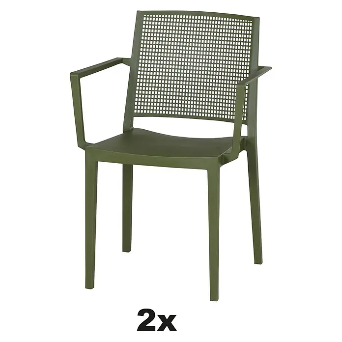 Siena Garden Urban Lights Stapelsessel Set Square - 2 Stk., Polypropylen, Stapelbar, Olive, B x T x H: 56 x 56 x 80 cm - Olivgrüner Stuhl mit Armlehnen und Netzmuster in der Rückenlehne. Ideal für den Garten oder die Terrasse, robust und stilvoll.