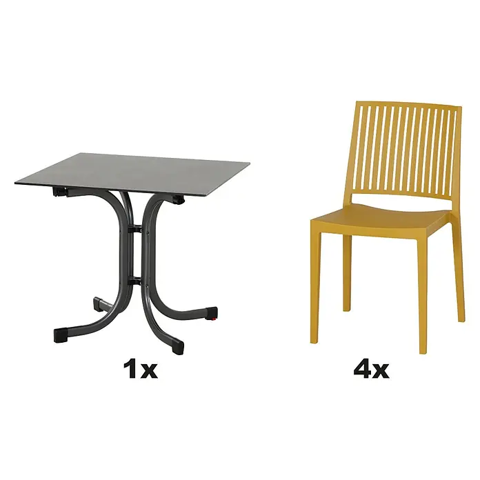 Siena Garden Urban Lights Gartenmöbel-Set Lane Stuhl/kl.Sola Tisch - 5 -tlg., Polypropylen, Mustard/Anthrazit - Bild eines Sets mit einem Klapptisch und vier gelben Gartenstühlen mit Lattenmuster.