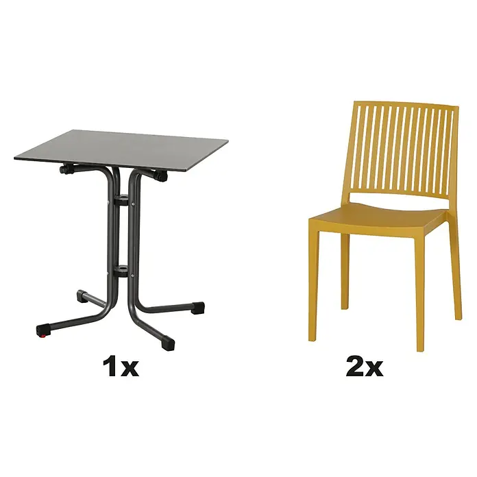 Siena Garden Urban Lights Gartenmöbel-Set Lane Stuhl/Sola Tisch - 3 -tlg., Polypropylen, Mustard/Anthrazit - Ein grauer Klapptisch und zwei senffarbene Stühle sind im Bild zu sehen. Das Set ist ideal für kleine Räume.