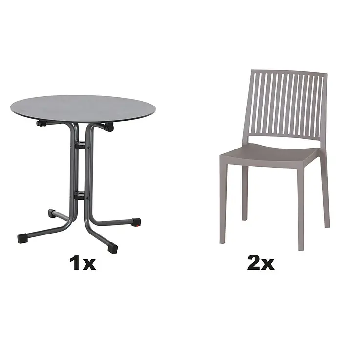 Siena Garden Urban Lights Gartenmöbel-Set Lane Stuhl/Sola Tisch - 3 -tlg., Polypropylen, Hochdruck-Schichtpressstoff (HPL), Taupe/Anthrazit - Bild einer runden Terrassentischgarnitur mit einem Tisch und zwei Stühlen für den Außenbereich.