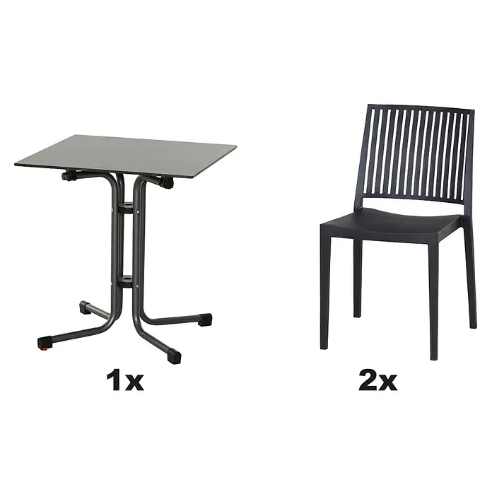 Siena Garden Urban Lights Gartenmöbel-Set Lane Stuhl/Sola Tisch - 3 -tlg., Polypropylen, Anthrazit - Produktabbildung: Ein grauer Klapptisch und zwei Stühle mit Lattenmuster im Hintergrund.
