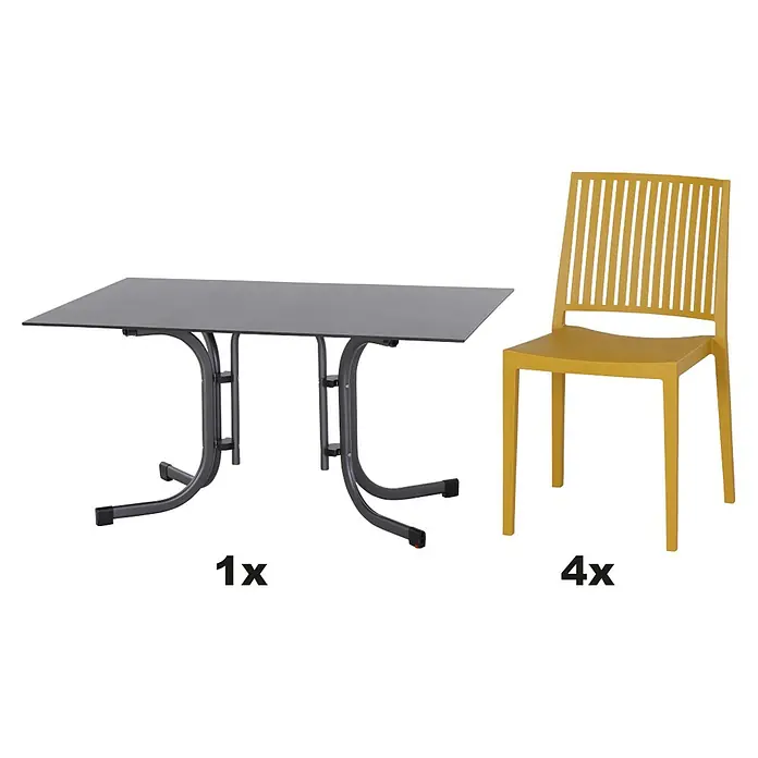 Siena Garden Urban Lights Gartenmöbel-Set Lane Stuhl /Sola Tisch - 5 -tlg., Polypropylen, Mustard/Anthrazit - Bild eines Gartensets, bestehend aus einem grauen Tisch und vier gelben Stühlen mit Lattenmuster.