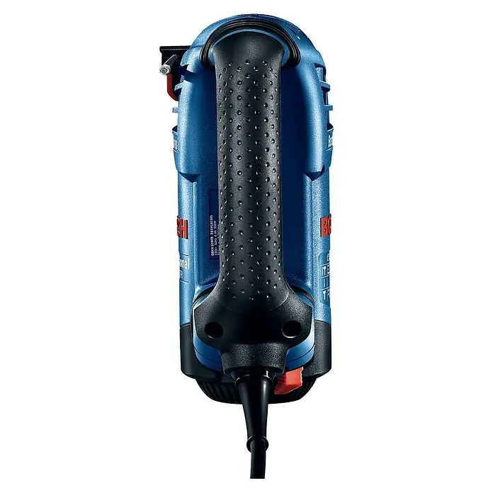 Bosch Professional Kombihammer GBH 4-32 DFR - 900 W, 4,2 J, SDS-Plus-Aufnahme - Detailaufnahme einer blauen Bosch Professional Bohrmaschine mit einem schwarzen, gummierten Griff, der für sicheren Halt sorgt.