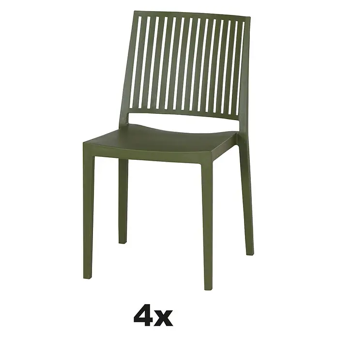 Siena Garden Urban Lights Stapelstuhl Set Lane - 4 Stk., Polypropylen, Stapelbar, Olive, B x T x H: 46 x 56 x 80 cm - Ein olivgrüner Stuhl aus Kunststoff mit Lattenmuster im Rückenbereich. Perfekt für den Garten oder Balkon.