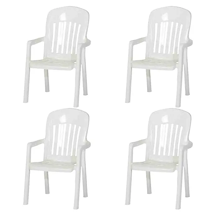 Sieger Comtesse Stapelsessel Set - 4 Stk., Polypropylen, Stapelbar, Weiß, B x T x H: 64 x 70 x 96 cm - Vier weiße Plastikstühle mit Lamellenrückenlehnen und Armlehnen.