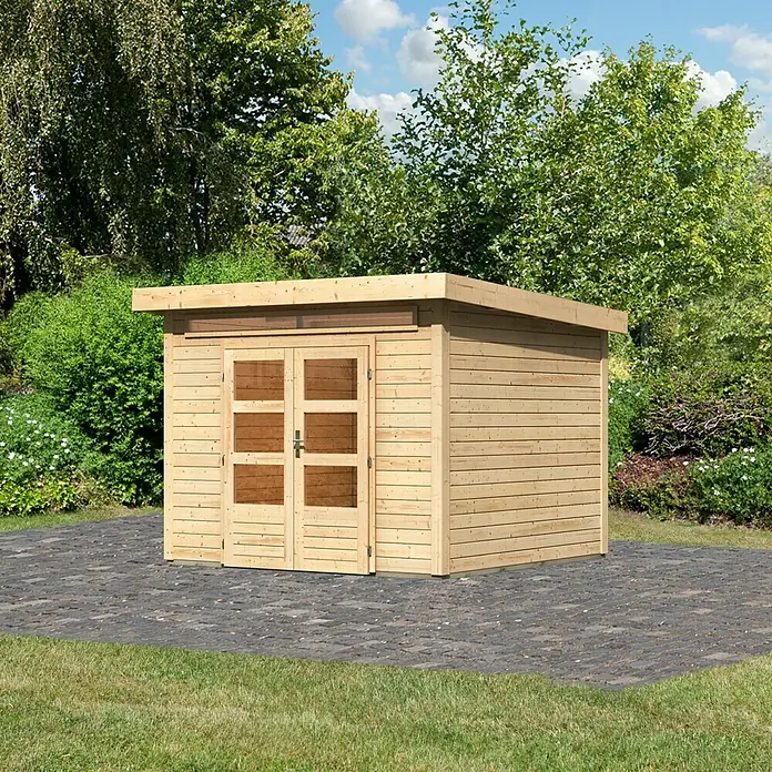 Karibu Gartenhaus Kandern 6 - Außenmaß inkl. Dachüberstand (B x T): 305 x 303 cm, Holz, Natur - Abgebildeter Holzschuppen mit Doppeltüren und Flachdach. Ideal für die Gartenaufbewahrung und Geräteschuppen.