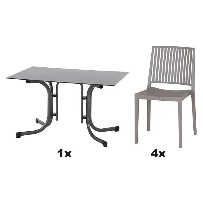 Siena Garden Urban Lights Gartenmöbel-Set Lane Stuhl/gr.Sola Tisch - 5 -tlg., Polypropylen, Taupe/Anthrazit - Bild einer Gartengarnitur. Es enthält einen Tisch und vier Stühle. Die Möbel sind grau und haben ein schlichtes Design.