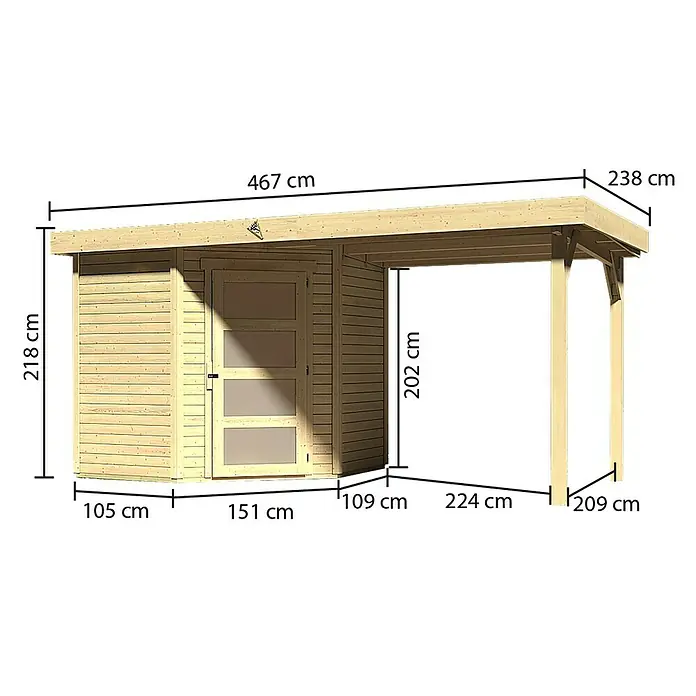 Karibu Gartenhaus Schwandorf 3 - Außenmaß inkl. Dachüberstand (B x T): 467 x 238 cm, Holz, Natur, Mit Seitendach - Ansicht des Holzschuppens mit Größenangaben zu Länge, Höhe und Breite für eine detaillierte Produktinformation.