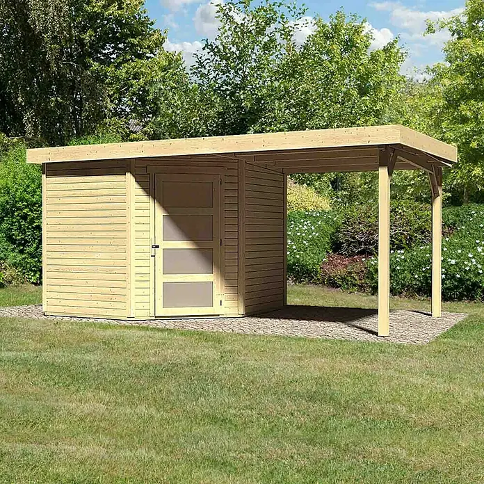 Karibu Gartenhaus Schwandorf 5 - Außenmaß inkl. Dachüberstand (B x T): 492,5 x 262 cm, Holz, Natur, Mit Anbaudach - Holzgartenhaus mit Flachdach und Vordach auf gepflasterter Fläche.
