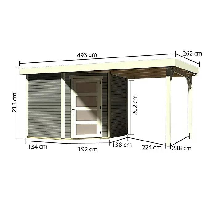 Karibu Gartenhaus Schwandorf 5 - Außenmaß inkl. Dachüberstand (B x T): 492,5 x 262 cm, Holz, Terragrau, Mit Seitendach - Produktbild des Gartenhauses mit Abmessungen, um seine Größe und Struktur visuell darzustellen.