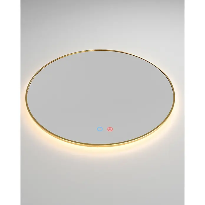 LedImex Espejo con luz Fun - Diámetro: 70 cm, Sensor, Función antivaho, Oro - Primer plano de un espejo redondo con marco dorado y luz de fondo sobre una pared clara.