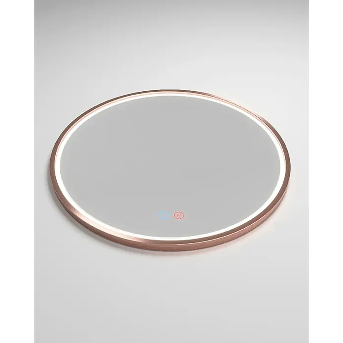LedImex Espejo con luz Paris - Diámetro: 60 cm, Sensor, Oro rosa - Primer plano de un espejo redondo iluminado con un marco de oro rosa sobre un fondo neutro.