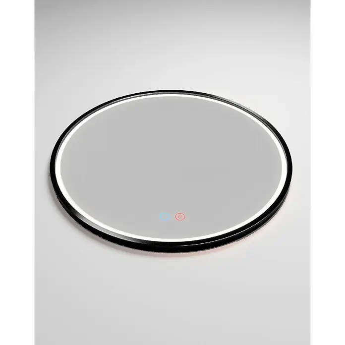 LedImex Espejo con luz Paris - Diámetro: 60 cm, Sensor, Negro - Un espejo redondo iluminado con marco negro y botones de control. Ideal para cualquier diseño de baño moderno.