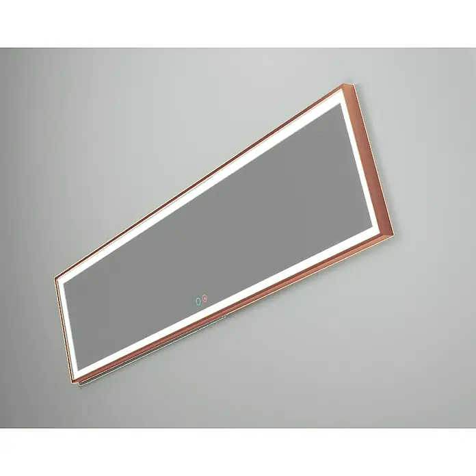 LedImex Espejo con luz New York - 40 x 160 cm, Sensor, Función antivaho, Oro rosa - Primer plano de un espejo moderno iluminado con LED, con un marco elegante y sutiles botones táctiles en una pared neutra.