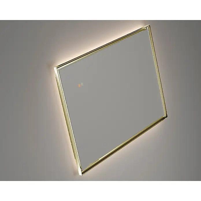 LedImex Espejo con luz California - 120 x 80 cm, Sensor, Función antivaho, Oro - Primer plano de un espejo cuadrado con marco dorado e iluminación integrada montado en una pared gris.
