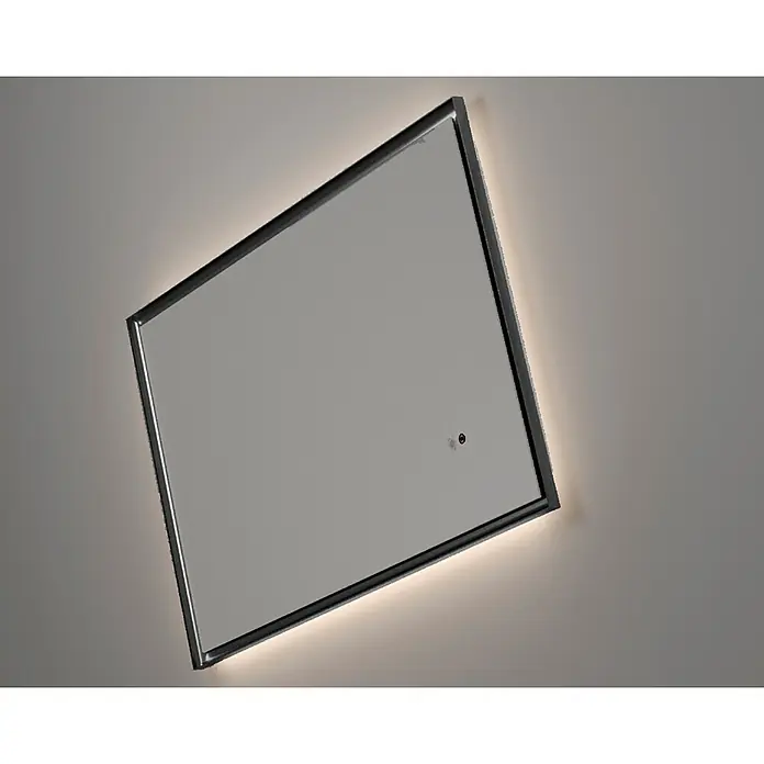 LedImex Espejo con luz California - 120 x 80 cm, Sensor, Función antivaho, Negro - Un elegante espejo rectangular iluminado con LED y un marco oscuro y delgado está montado en una pared clara.
