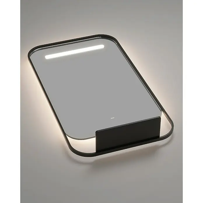 LedImex Espejo con luz Concept - 90 x 100 cm, Función antivaho, Con cargador inalámbrico, Negro - Elegante espejo de pared LED con estante, perfecto para baños modernos. La iluminación integrada proporciona una luz agradable.