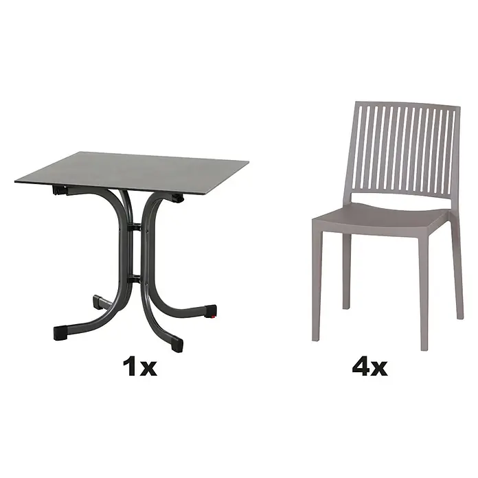 Siena Garden Urban Lights Gartenmöbel-Set Lane Stuhl/kl.Sola Tisch - 5 -tlg., Polypropylen, Taupe/Anthrazit - Abbildung eines Gartentischs (1x) und vier grauer Gartenstühle (4x) mit Lattenmuster im Rückenbereich.