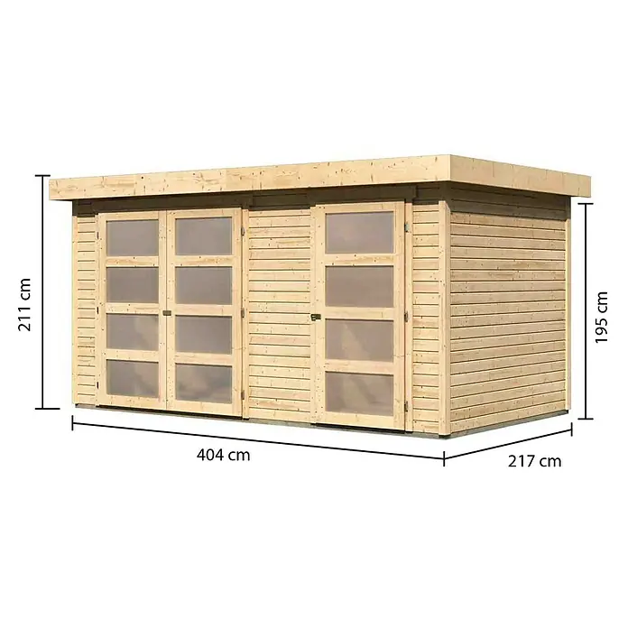 Karibu Gartenhaus Mühlentrup 1 - Außenmaß inkl. Dachüberstand (B x T): 428 x 238 cm, Holz, Natur - Abbildung eines Holzschuppens mit den Maßen 404 cm x 217 cm. Die Höhe beträgt 211 cm bzw. 195 cm.