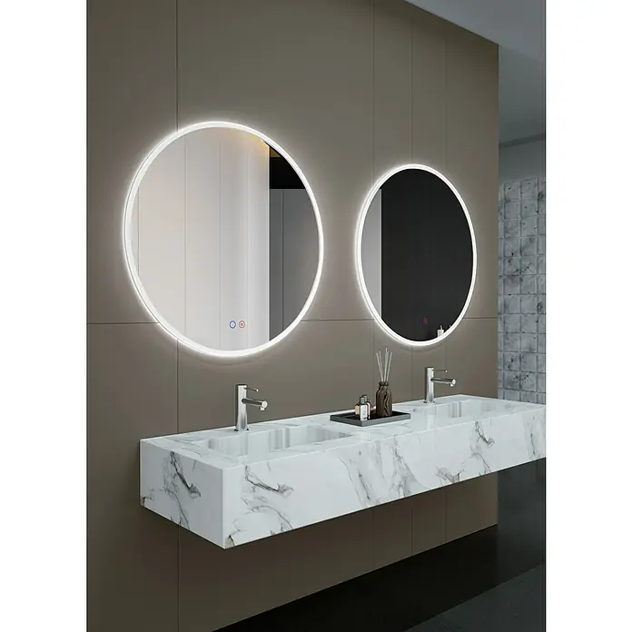 LedImex Espejo con luz Atenas - Diámetro: 80 cm, Sensor, Función antivaho - Interior de baño elegante con dos espejos redondos retroiluminados y un tocador doble de mármol.