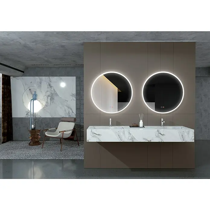 LedImex Espejo con luz Atenas - Diámetro: 80 cm, Sensor, Función antivaho - Elegante baño con tocador de mármol y espejos redondos con iluminación LED. El diseño combina la estética moderna con acentos lujosos.
