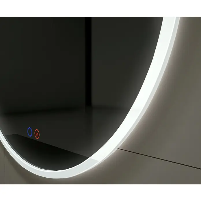 LedImex Espejo con luz Atenas - Diámetro: 80 cm, Sensor, Función antivaho - Primer plano de un espejo redondo con iluminación LED y botones táctiles. El diseño elegante es perfecto para un baño moderno.