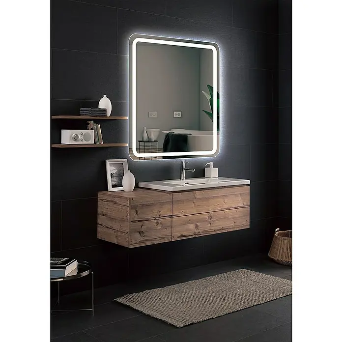 LedImex Espejo con luz Austria - 60 x 80 cm - Baño moderno con mueble de lavabo de madera y espejo iluminado, realzando su diseño elegante.