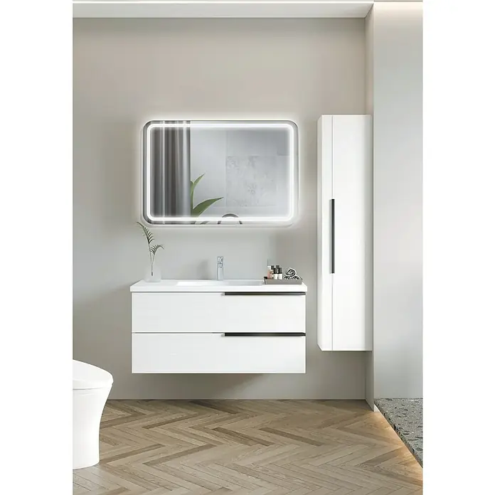 LedImex Espejo con luz Austria - 60 x 80 cm - Elegante baño con mueble de lavabo con cajones, espejo retroiluminado y armario alto. El diseño es moderno y minimalista.