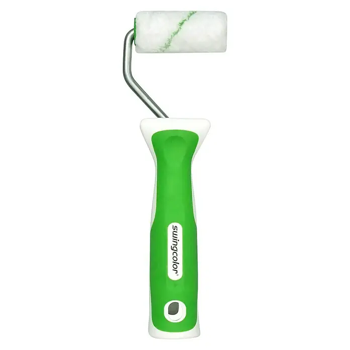 swingcolor Komfort Lasurroller Mini - Breite Walze: 5 cm, Bügelstärke: 6 mm, Bügellänge: 19 cm - Nahaufnahme eines Swingcolor Farbrollers mit grün-weißem Griff und weißer Rolle, ideal für Malerarbeiten.