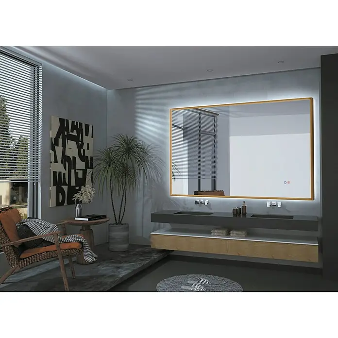 LedImex Espejo con luz California - 120 x 80 cm, Sensor, Función antivaho, Oro - Elegante baño con espejo iluminado sobre un tocador doble, acentuado con arte moderno y plantas.